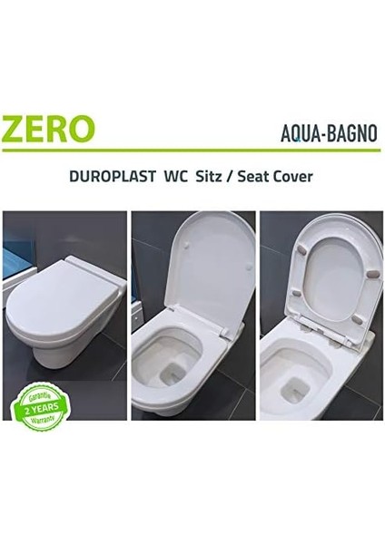 Aqua Bagno | Otomatik Kapanma Sistemli Klozet Kapağı, Antibakteriyel, Ab&apos;de Üretilmiştir, Çıkarılabilir Duroplast Klozet Kapağı, D Şeklinde Üst Üste Biner, Yumuşak Kapanma, Beyaz | Zero (Model)