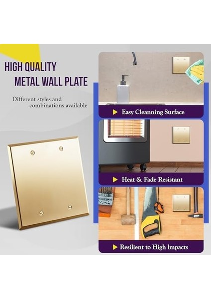 Boş Cihaz Metal Duvar Plakası, Paslanmaz Çelik Korozyona Dayanıklı, Boyut 2-Gang 4.5" x 4.5", Paslanmaz Çelik 201, 7702-PB, Parlak Pirinç, Altın fiyatları