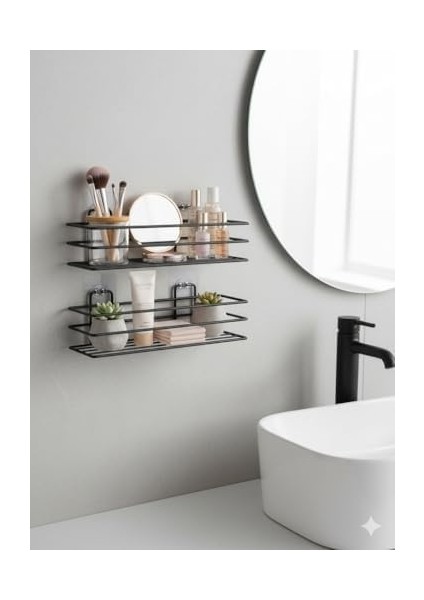 Yapışkanlı Siyah Banyo ve Mutfak Rafı – Tek Katlı Düz Şampuanlık ve Baharatlık, Delmeden Montaj, Matkap Vida Gerektirmeyen Su Geçirmez Duvar Organizeri (2 Adet)