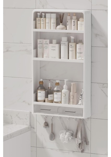 Çok Amaçlı Yapışkanlı Duvar Rafı Organizer 3 Katlı Banyo & Mutfak Rafı 2 Çekmeceli Havluluk (Beyaz) fiyatları