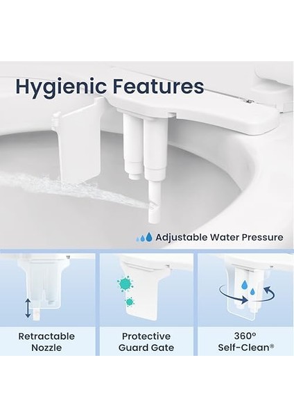 Bidet Neo 320 Plus – Yeni Nesil Su Bide Klozet Kapağı Eklentisi, Yenilikçi Ez-Kaldırma Menteşeleri, Çift Nozullu ve 360° Kendini Temizleme Modu (Beyaz)