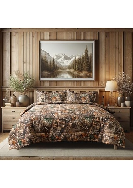 Edge Kamuflaj Yorgan Seti Ikiz Boy - 2 Parça Yatak Seti - Orman Ormanı Kabin Köşkü - Doğa Ağacı Yaprakları Baskılı Yumuşak Polyester Pamuk Kamuflaj Desenli