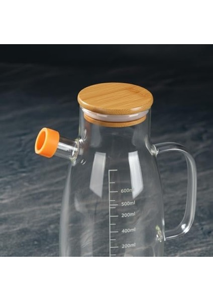 Borosilikat Cam Yağlık - Bambu Kapaklı ve Ölçü Çizgili Sirkelik | Damlatmaz Ağızlı, Dayanıklı, Kurşunsuz Yağdanlık (1000 Ml)
