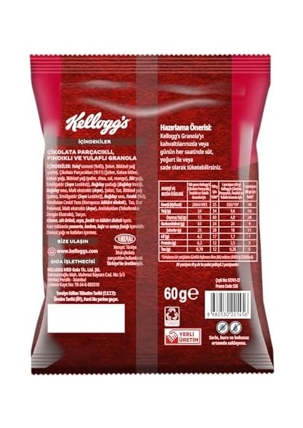 Kellogg&apos;s Granola Çikolata Parçacıklı ve Fındıklı 60 gr X10 Adet,% 45 Yulaf Içerir,lif Kaynağı,%11 Belçika Çikolata Parçaları,antioksidan Içerir,kahvaltılık Gevrek,müsli,atıştırmalık fiyatları