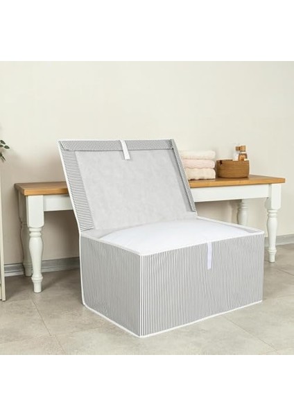 Çok Amaçlı Depolama Saklama Kutusu, Kapaklı Organizer Sandık, Katlanabilir Hurç, Cırt Cırtlı (Gri, 60 x 40 x 30)