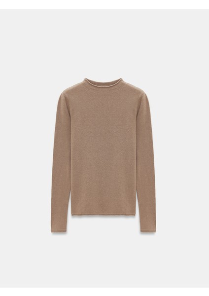 10841 Dik Yaka Kaşmir Karışımlı Triko Kazak-K.vizon M.