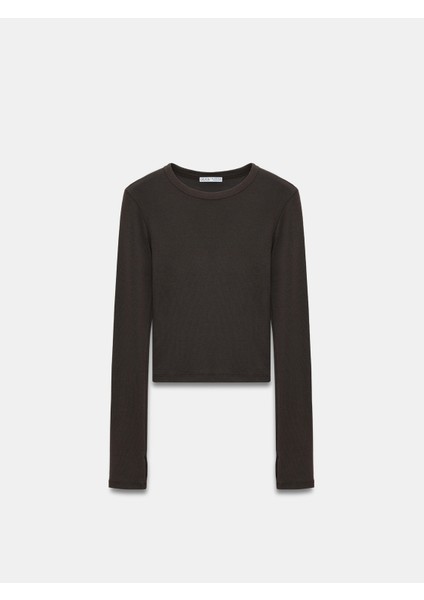 32319 Modal Karışımlı Uzun Kollu Top-Koyu Kahve