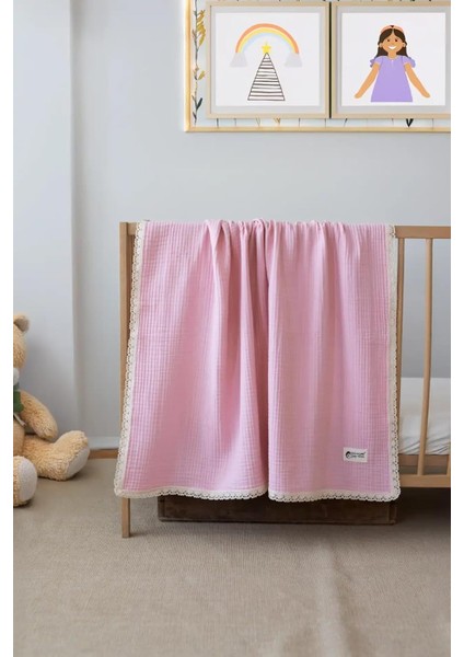 Pamuklu 4 Katlı Müslin Dantelli Bebek Battaniyesi, Pembe, Antibakteriyel, Düz Desen