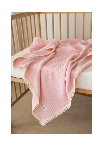Pamuklu 4 Katlı Müslin Dantelli Bebek Battaniyesi, Pembe, Antibakteriyel, Düz Desen fiyatları