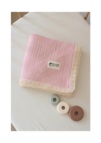 Pamuklu 4 Katlı Müslin Dantelli Bebek Battaniyesi, Pembe, Antibakteriyel, Düz Desen modelleri