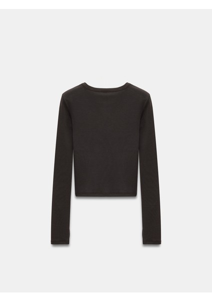 32319 Modal Karışımlı Uzun Kollu Top-Koyu Kahve