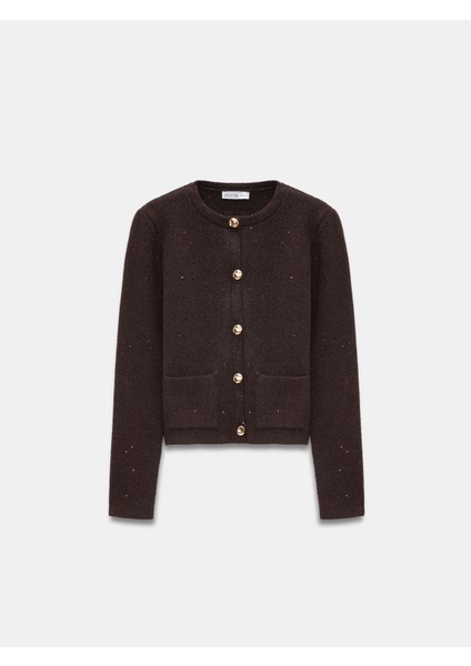 60935 Cep Detaylı Parıltılı Triko Hırka-Kahve