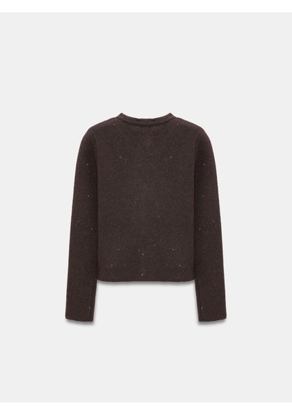 60935 Cep Detaylı Parıltılı Triko Hırka-Kahve