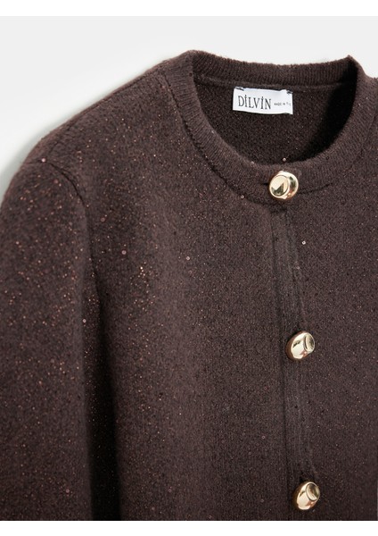 60935 Cep Detaylı Parıltılı Triko Hırka-Kahve