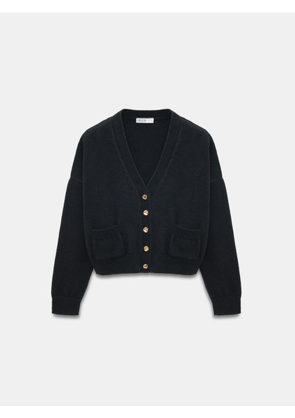 60999 Yün Karışımlı Cep Detaylı Triko Hırka-Siyah