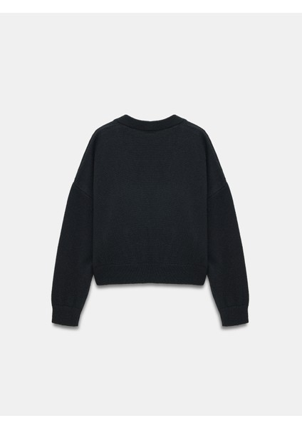 60999 Yün Karışımlı Cep Detaylı Triko Hırka-Siyah