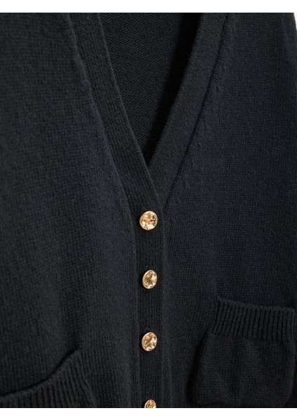 60999 Yün Karışımlı Cep Detaylı Triko Hırka-Siyah