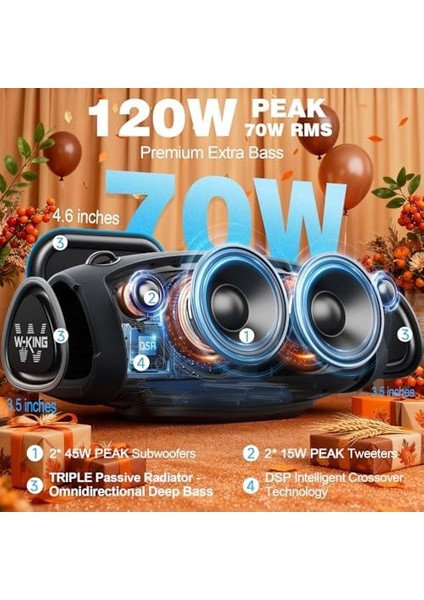 W-Kıng Subwoofer ile Taşınabilir Loud Bluetooth Hoparlör, 70W Taşınabilir Açık Hoparlörler Bluetooth Kablosuz Su Geçirmez, Üçlü Pasif Radyatörler-Derin Bas/hi-Fi SES/DSP/42H/GÜÇ