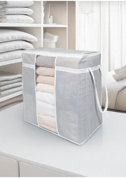 Pencereli Giysi Yorgan Yastık Hurç Saklama Çantası Gri Çizgili