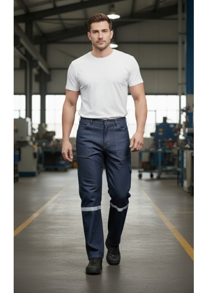 Süper Likralı Kot Iş Pantolonu | Reflektörlü, Çok Cepli, Dayanıklı Denim Işçi Pantolonu