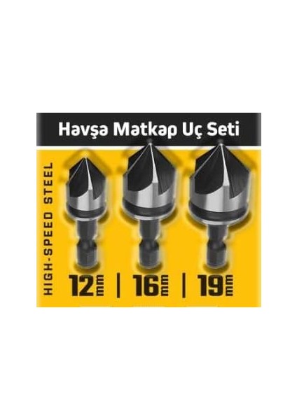 Genel 3 Parça Havşa Matkap Ucu Seti, Çelik, 12MM-16MM-19MM, Phillips Başlı Vidalar Için, Standart Yüzey