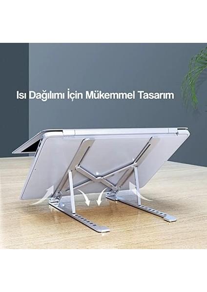 Laptop Standı Taşınabilir Katlanabilir Metal Alüminyum Notebook MacBook Uyumlu Ergonomik Yükseltici Ayarlanabilir 6 Kademeli 10-17 Inç Havalandırma Soğutma Stand Gümüş fiyatları