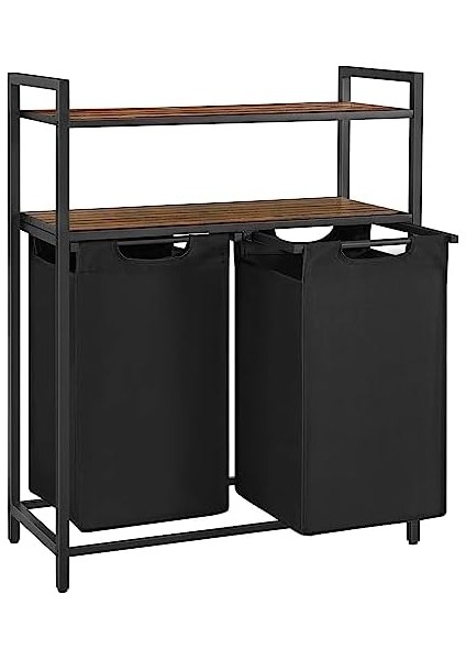 Çamaşır Sepeti, Çamaşır Kutusu, 2 Bölme, 2 Raf, Metal Çerçeve, 2 x 46 Litre, 73 x 33 x 91 Cm, Vintage Kahverengi-Siyah BLH211B01 fiyatları