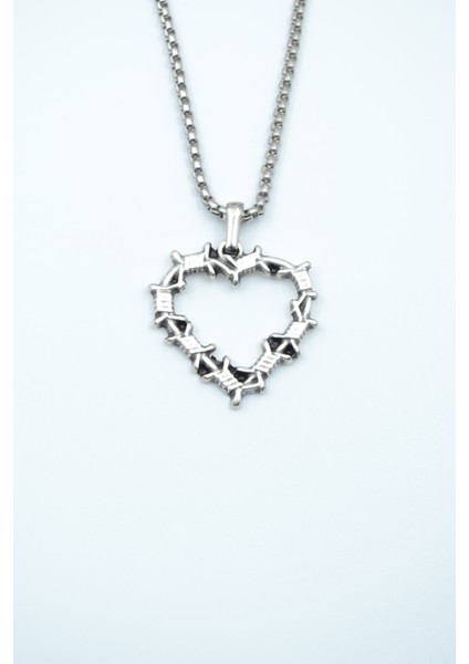 Dikenli Kalp Gümüş Kaplama Örme Zincir Kolye
