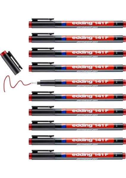 141 F Permanent Kalem - Asetat Kalemi Kırmızı - 10 Kalem - 0,6 mm Yuvarlak Uç modelleri