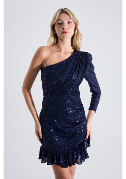 Cindy | Pul Payet Tek Kol Eteği Fırfırlı Mini Slim Abiye Elbise - Lacivert