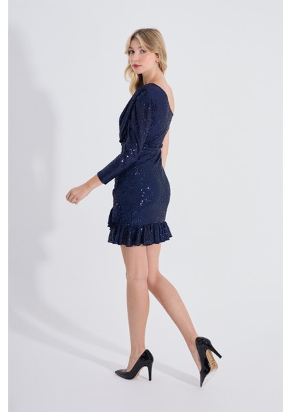 Cindy | Pul Payet Tek Kol Eteği Fırfırlı Mini Slim Abiye Elbise - Lacivert modelleri