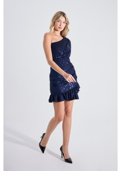 Cindy | Pul Payet Tek Kol Eteği Fırfırlı Mini Slim Abiye Elbise - Lacivert fırsatları