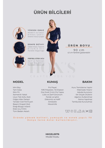 Cindy | Pul Payet Tek Kol Eteği Fırfırlı Mini Slim Abiye Elbise - Lacivert