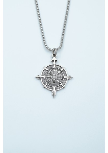 Viking Vegvisir Pusula Gümüş Kaplama Örme Zincir Kolye