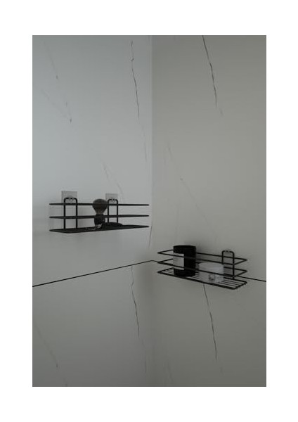 Banyo Yapışkanlı Siyah 2 Adet Tek Katlı Düz Şampuanlık Tş01, Delmeye Son, Matkap Vida Yok