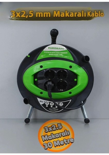 30 Metre Plastik Makaralı Seyyar Kablo Cca Kablo 4 Priz Monofaze Uzatma 3x2,5 mm Kablo