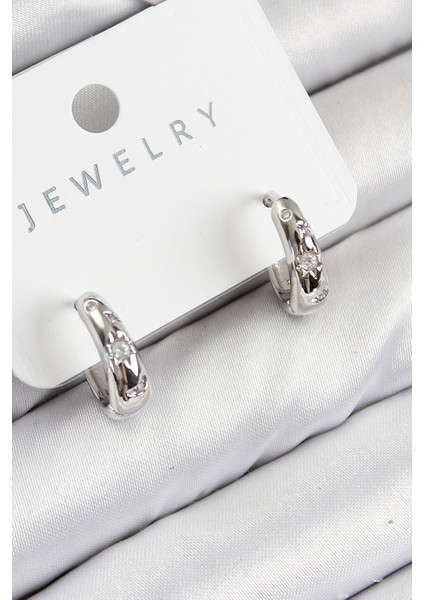 Pirinç Zirkon Taşlı Halka Gümüş Renk Kadın Küpe - TJ-BKP11076