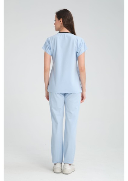 Üniforma V Yaka Buz Mavi Unisex Likralı Ütü Istemeyen Unisex Doktor Hemşire Scrubs Takım modelleri