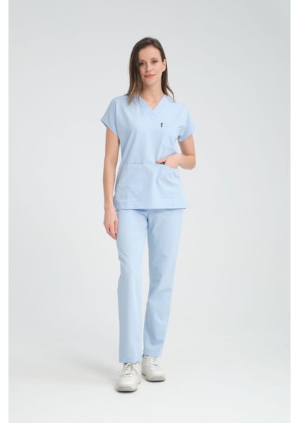 Üniforma V Yaka Buz Mavi Unisex Likralı Ütü Istemeyen Unisex Doktor Hemşire Scrubs Takım