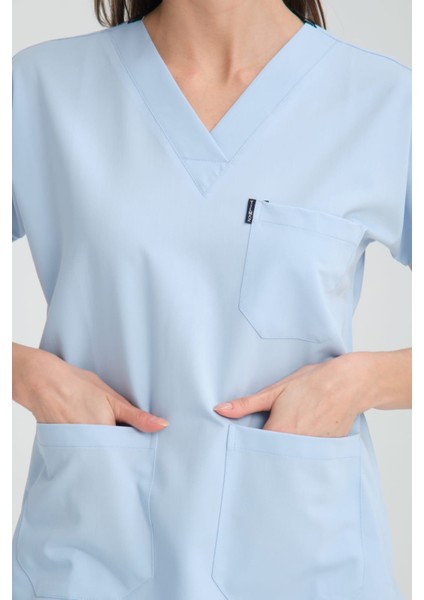 Üniforma V Yaka Buz Mavi Unisex Likralı Ütü Istemeyen Unisex Doktor Hemşire Scrubs Takım