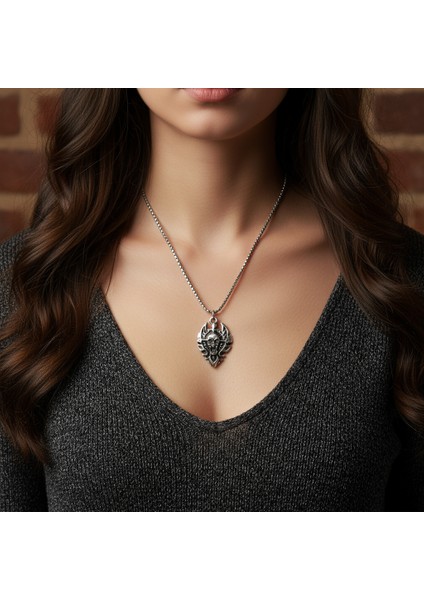 Diablo - Şeytan - Kalkan Gümüş Kaplama Örme Zincir Kolye