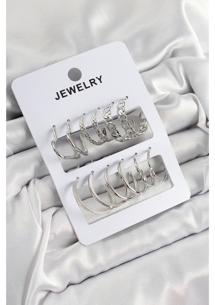 Pirinç Karışık Halka Gümüş Renk 6 Çift Kadın Küpe Set - TJ-BKP10876