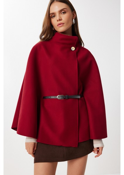 Kemerli Düğmeli Kaşe Panço LGP0026 Bordo