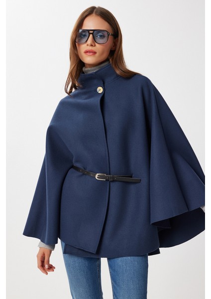 Kemerli Düğmeli Kaşe Panço LGP0026 Lacivert