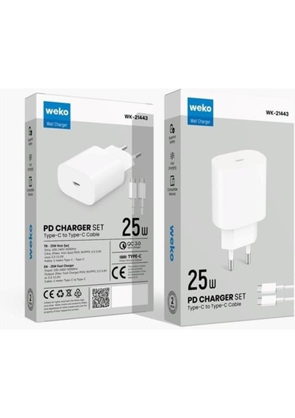 WK-27878 NOTE10 Beyaz 25 Watt Şarj Başlık Adaptörü + Type-C To Type-C Kablo