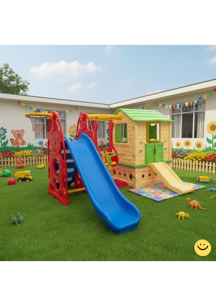 Oyun Evi Kaydırak Salıncak Basket Potası 3'ü 1 Arada Set Bahçe Kreş Anaokulu Uyumlu