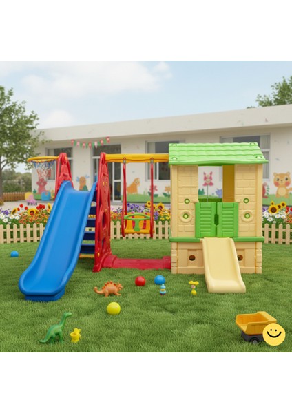 Oyun Evi Kaydırak Salıncak Basket Potası 3'ü 1 Arada Set Bahçe Kreş Anaokulu Uyumlu fiyatları