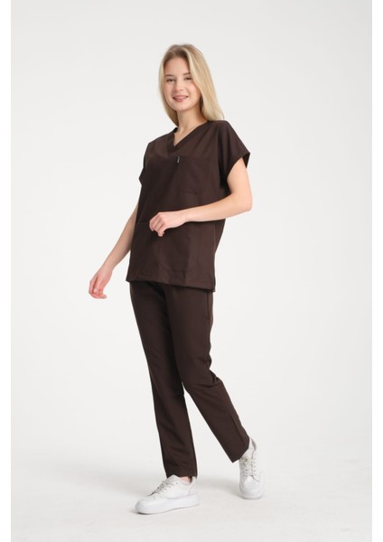 Üniforma V Yaka Acı Kahve Unisex Likralı Ütü Istemeyen Doktor Hemşire Takım Scrubs