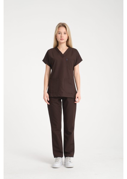 Üniforma V Yaka Acı Kahve Unisex Likralı Ütü Istemeyen Doktor Hemşire Takım Scrubs fiyatları