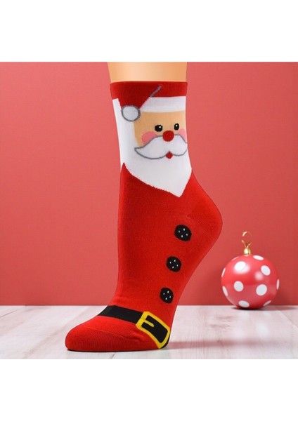 Unisex 1 Çift Noel Çorabı Yeni Yılbaşı Noel Baba Desenli Uzun Soket Çorap Kırmızı